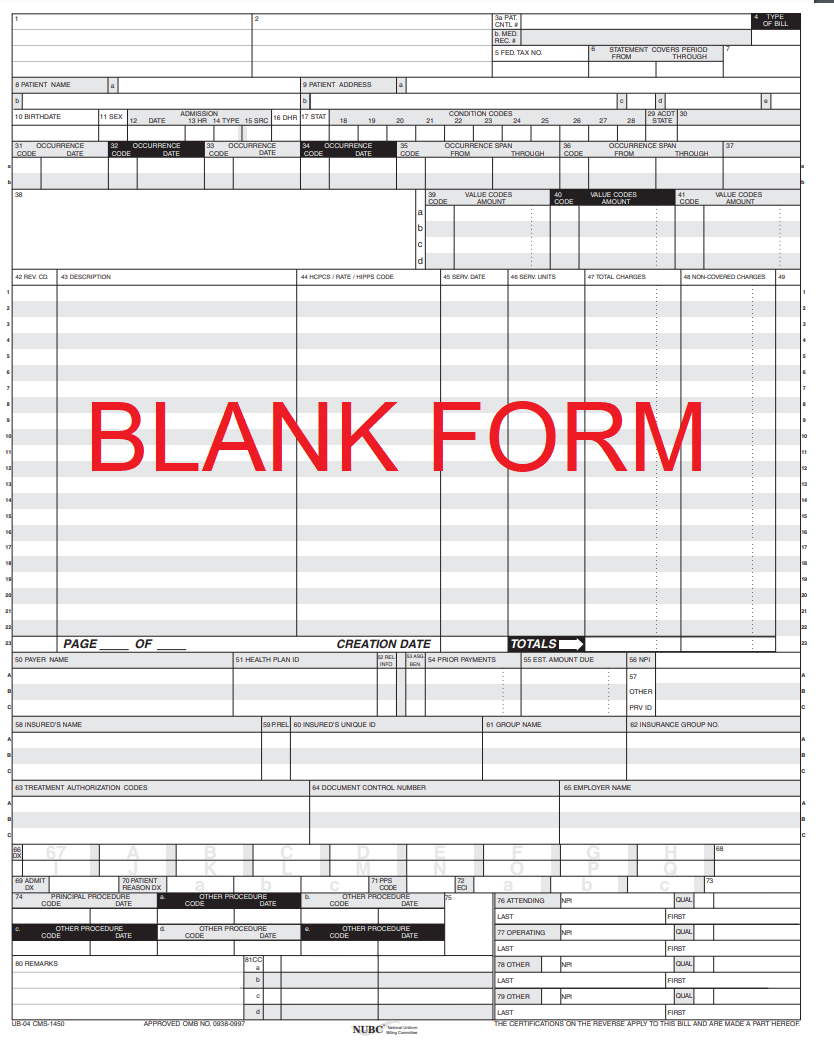 UB-04 blank hospital bill form