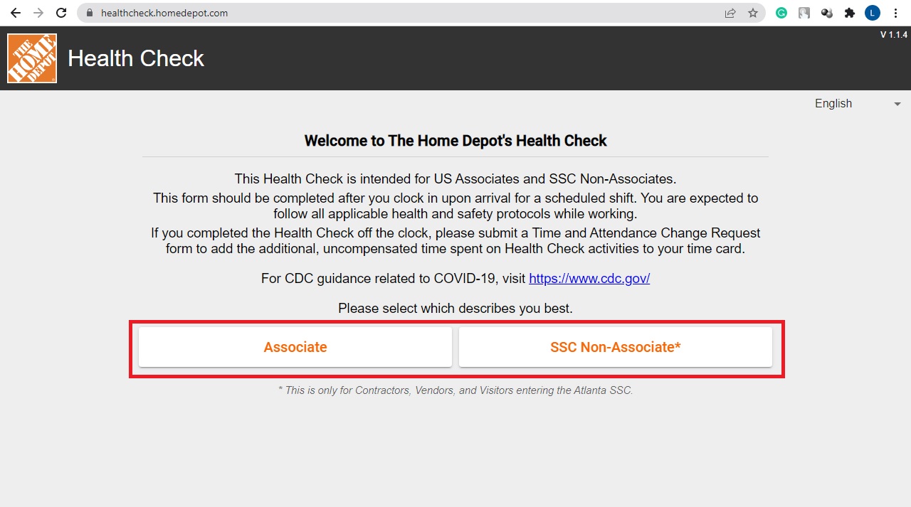 Home Depot health check website